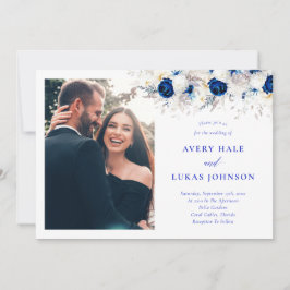 Modernes Royal Blue & White Floral Foto Hochzeit Einladung