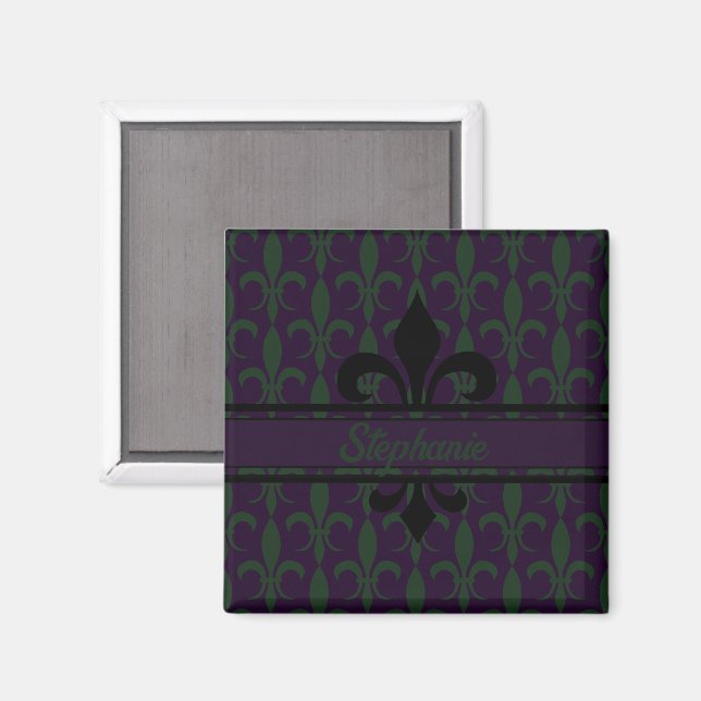 Modernes Royal Lila Fleur-de-lis-Muster Monogram Magnet (Vorderseite/Rückseite)