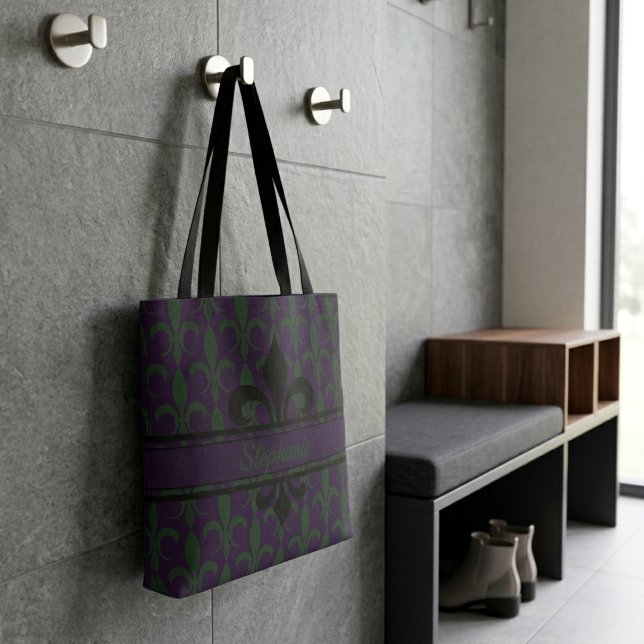 Modernes Royal Lila Fleur-de-lis-Muster Monogram Tasche (Von Creator hochgeladen)