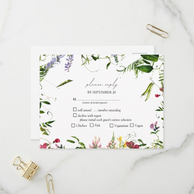 Modernes RSVP für die Wildblume Watercolor Einladungspostkarte (Vorderseite/Rückseite Beispiel)