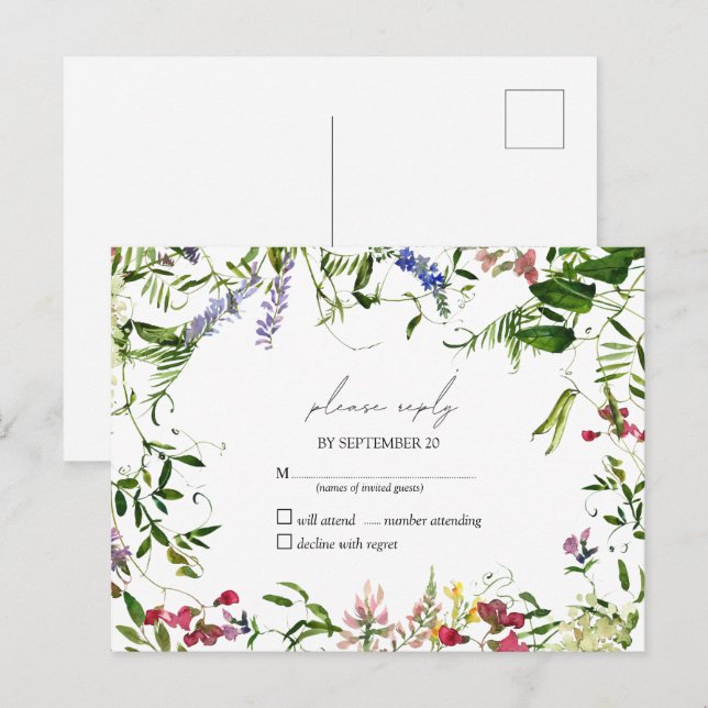 Modernes RSVP für die Wildblume Watercolor Einladungspostkarte (Vorne/Hinten)