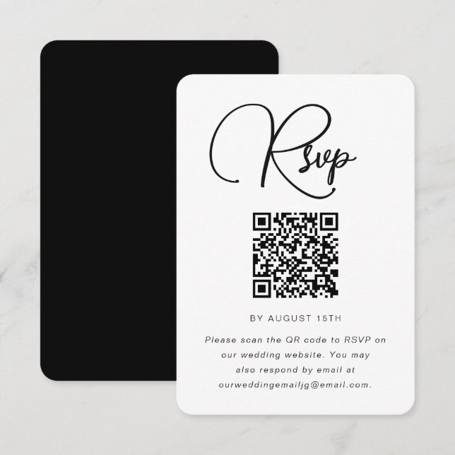 Modernes RSVP für Schwarz-Weiß-Hochzeiten mit QR-C (Vorne/Hinten)