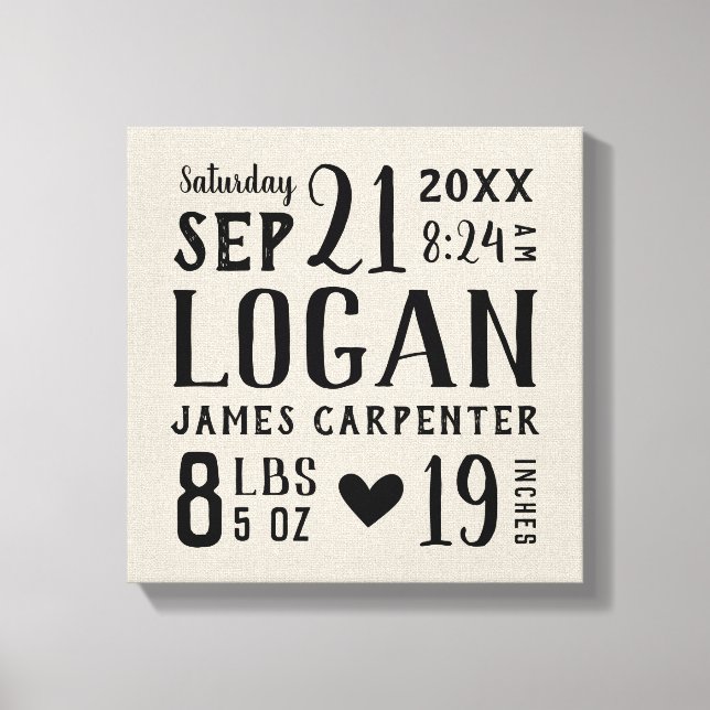 Modernes Rustikales Baby Birth Stats Kinderzimmer  Leinwanddruck (Vorderseite)