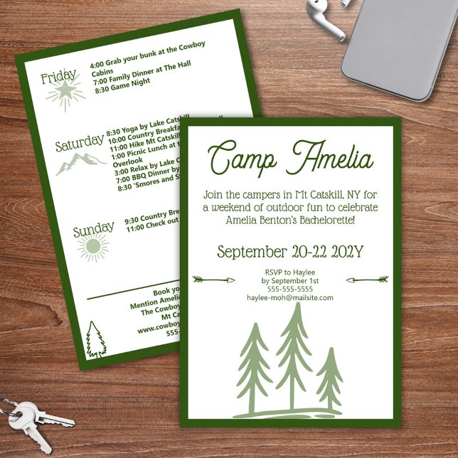 Modernes Rustikales Camp Bachelorette Einladung (Camp Bachelorette Invitation with Weekend Itinerary)