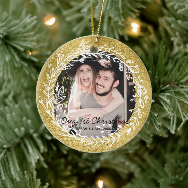 Modernes rustikales Ehepaar Foto zu 1. Weihnachten Keramik Ornament (Baum)