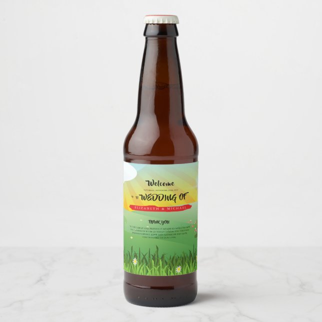 Modernes Rustikales Festival Hochzeit Willkommen Bierflaschenetikett (Vorderseite)