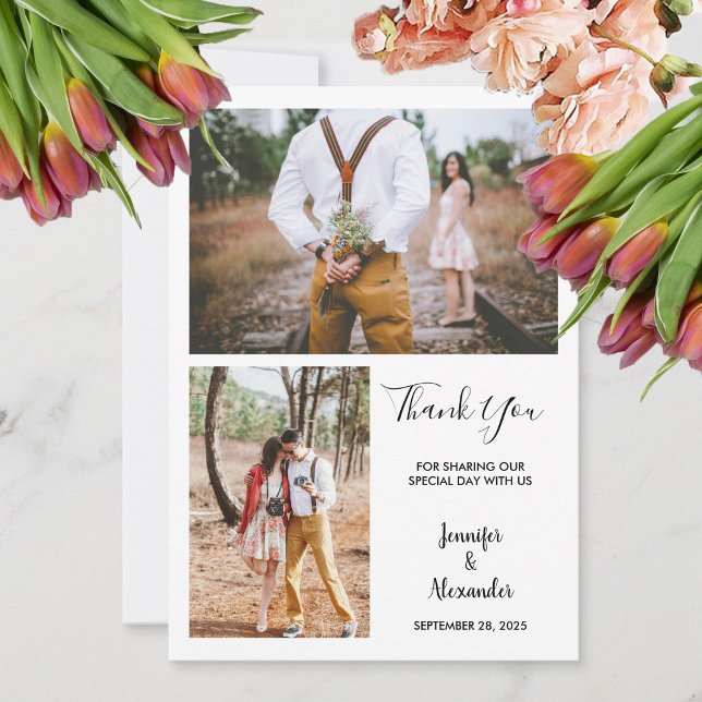 Modernes rustikales Foto Danke Hochzeitskarte Einladung (Modern rustic elegant photo Thank You wedding card. You can add your own photos to personalize.)