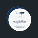 Modernes rustikales Hochzeitsfest Empfang Dinner Menükarte<br><div class="desc">Modernes Rustikales Navy Blau,  Rundplatten,  Abendmenü für Hochzeiten. Ein perfektes Bar für Ihren großen Tag. Sie können die Schriftart-Farben des Skripts ändern und den Menüinhalt und die Schriftart entsprechend Ihren Bedürfnissen ändern.</div>