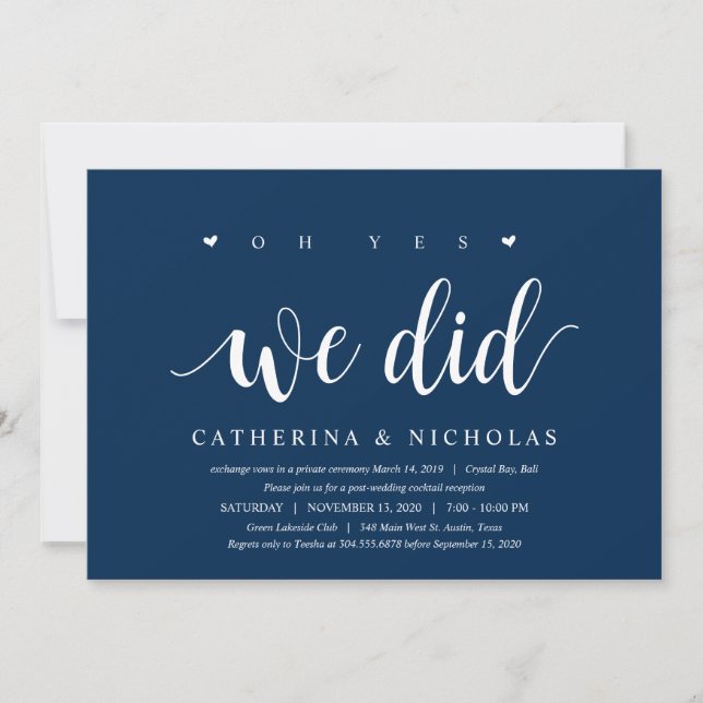 Modernes, rustikales, navy Blue Script, Hochzeitsf Einladung (Vorderseite)