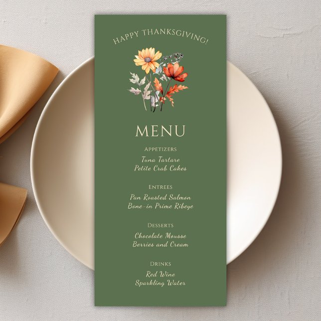 Modernes Rustikales Olive Green Erntedank Dinner Menükarte (Modern Rustic Olive Green Thanksgiving Dinner Menu)