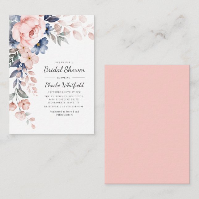 Modernes, rustikales rosa blaues Brautparty Mitteilungskarte (Vorne/Hinten)