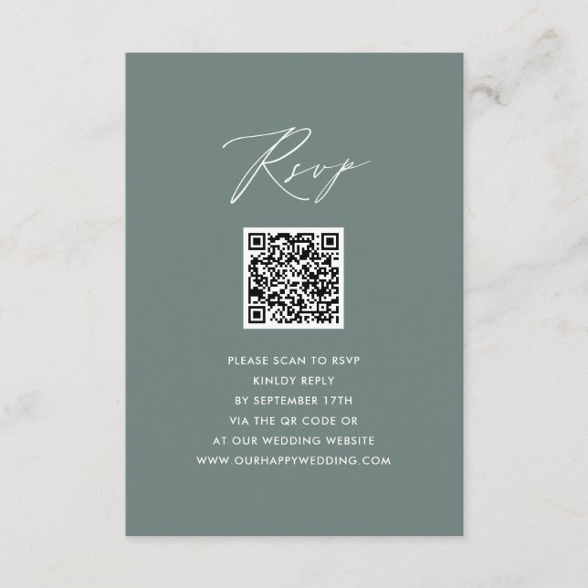 Modernes Sage Green Elegante Script QR Wedding RSV Begleitkarte (Vorderseite)