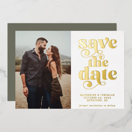 Modernes Sage Green Gold Foil Foto Save the Date Folieneinladung