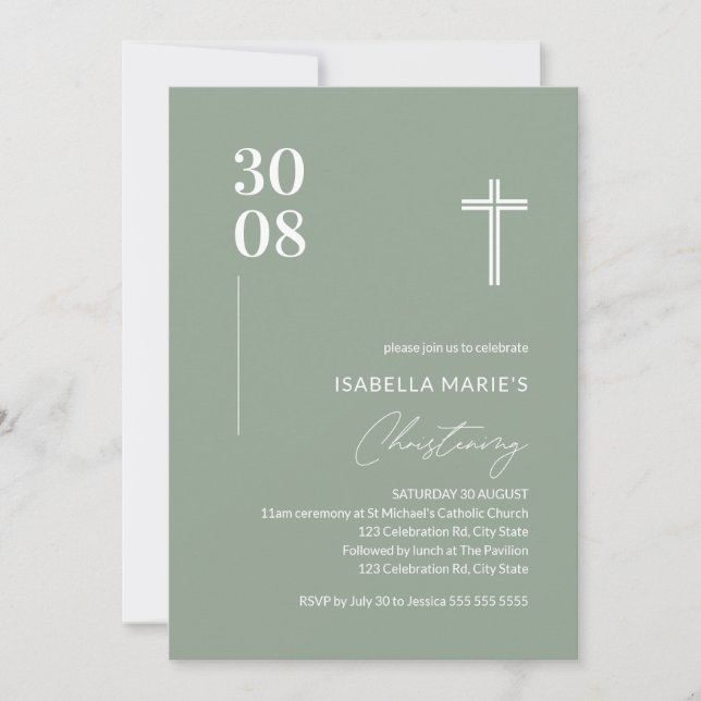 Modernes Sage Green Minimalistisch Christening Einladung (Vorderseite)