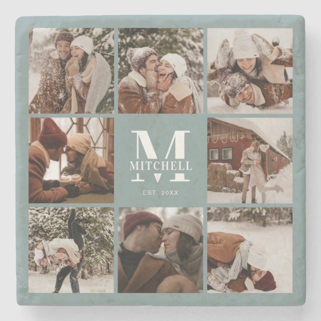 Modernes Sage Monogram, Anfangsname und Foto Steinuntersetzer (Vorderseite)