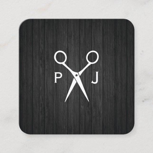 Modernes Salon Shears Monogramm (Holz) Quadratische Visitenkarte (Vorderseite)
