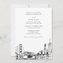 Modernes San Francisco Wedding Skyline Black & Whi Einladung