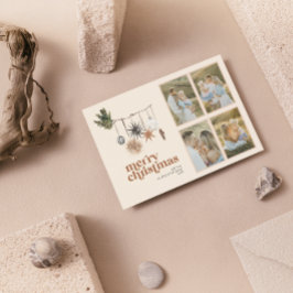 Modernes Scandi Boho Neutral Familie 4 Foto froh Feiertagskarte