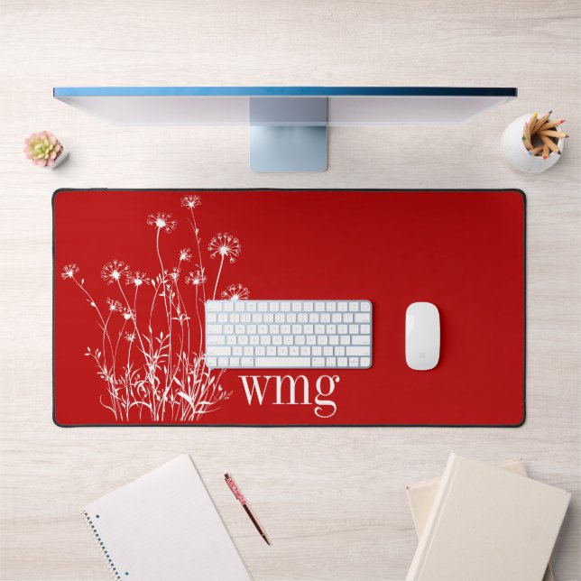 Modernes Scarlet Rot-Weiß-Wildblumen Monogramm Schreibtischunterlage (Büro 1)