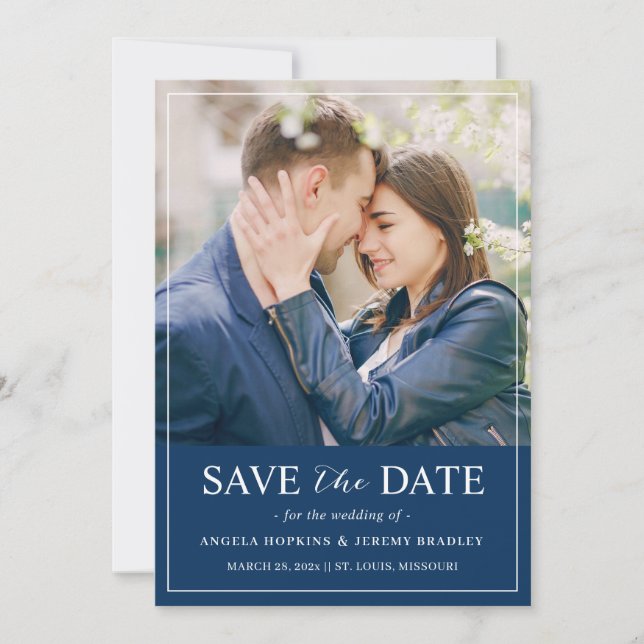 Modernes, schick-navy-Blue-Foto-Hochzeit Save The Date (Vorderseite)