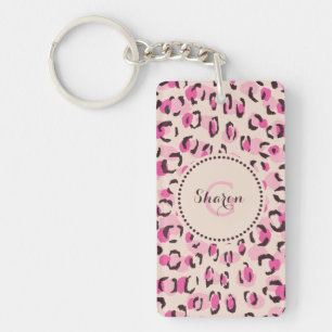 Modernes, schick rosa Geäthermuster-Monogramm Schlüsselanhänger