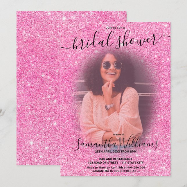 Modernes, schicker rosa Glitzer Foto Brautparty Einladung (Vorne/Hinten)