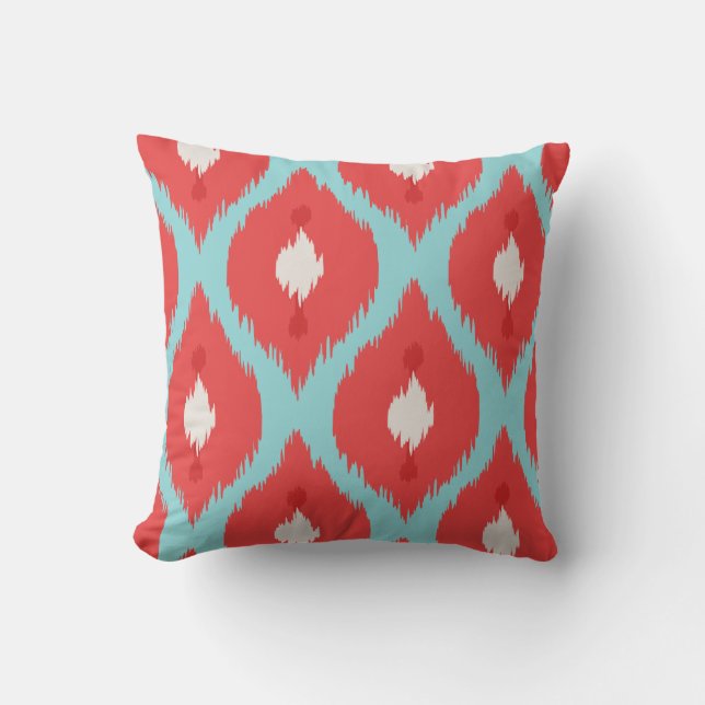 Modernes schickes rotes Türkis ikat Kissen (Vorderseite)