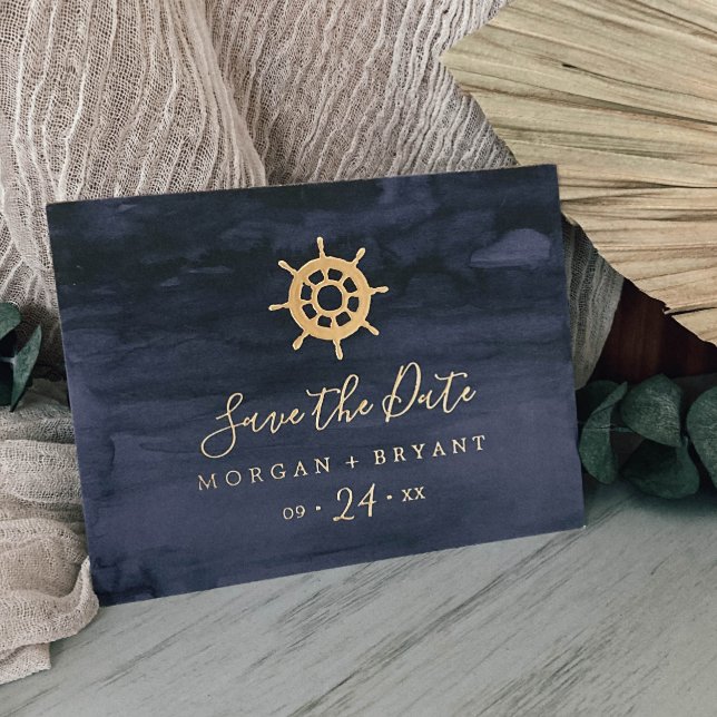 Modernes Schiff Helm Gold Foil Save the Date Folie Einladungspostkarte (Von Creator hochgeladen)