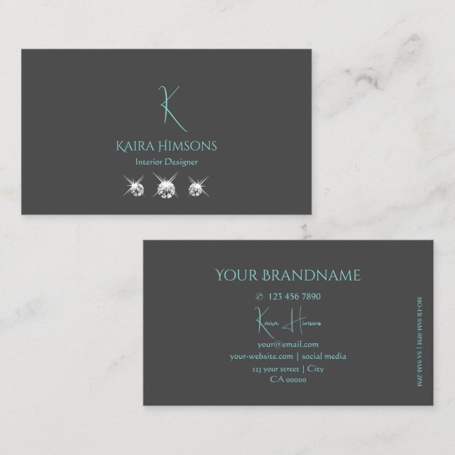 Modernes Schlicht Grau Aquamarin mit Monogram und  Visitenkarte (Vorne/Hinten)