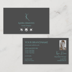 Modernes Schlicht Grau mit Monogram Foto und Juwel Visitenkarte