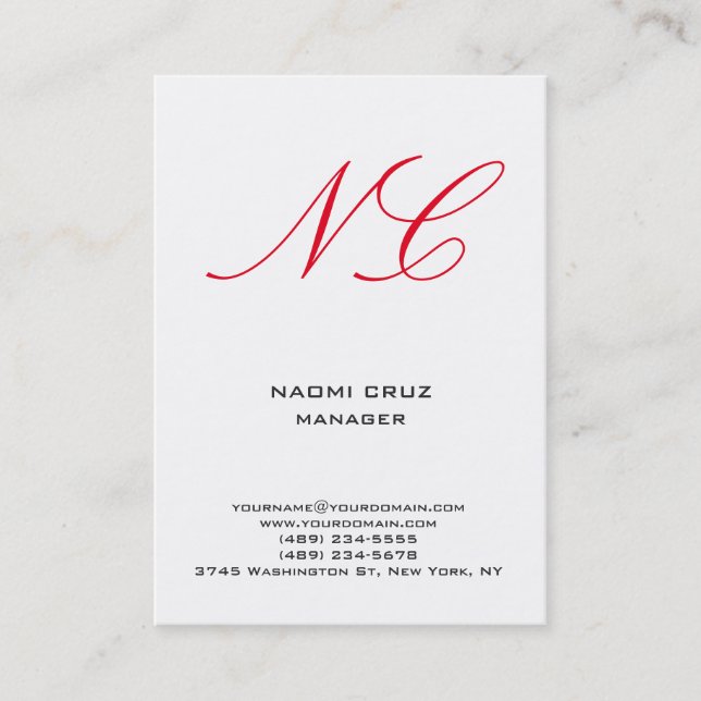 Modernes schlicht-minimalistisches weißes Monogram Visitenkarte (Vorderseite)