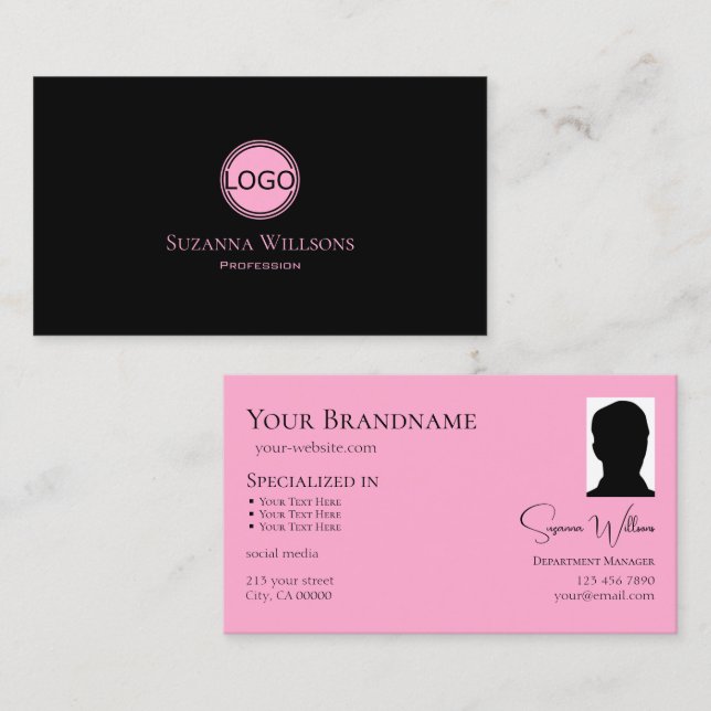 Modernes Schlichtes Schwarz-Rosa mit Logos und Fot Visitenkarte (Vorne/Hinten)