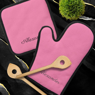 Modernes Schlichtes, solides Bubblegum Pink Black Ofenhandschuh & Topflappen-Set
