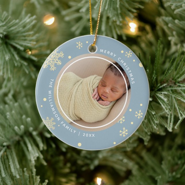 Modernes Schneeflocken 2 Fotos Keramik Ornament (Baum)