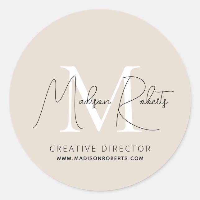 Modernes Schriftzeichen mit Monogramm, Beige Runder Aufkleber (Vorderseite)