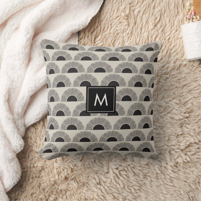 Modernes Schwarz/Beige Sunset Abstrakt Art Monogra Kissen (Decke)