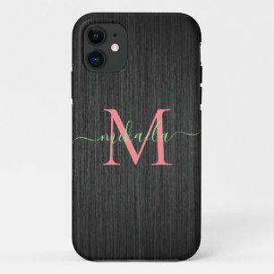Modernes Schwarz-Bürstenmetall-Rose-Gold Monogramm Case-Mate iPhone Hülle