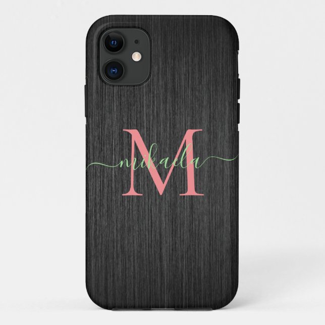 Modernes Schwarz-Bürstenmetall-Rose-Gold Monogramm Case-Mate iPhone Hülle (Rückseite)