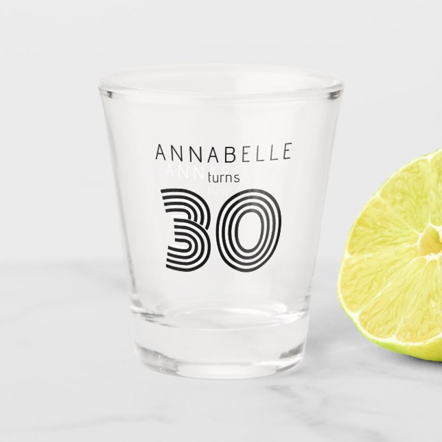 Modernes Schwarz des 30. Geburtstags Schnapsglas (Vorderseite)
