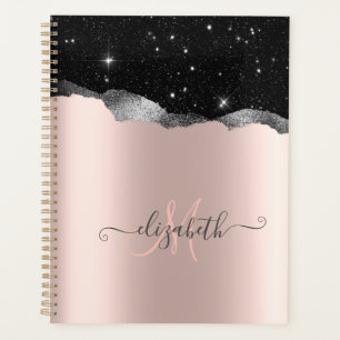 Modernes Schwarz Glitter Silber, Roségold Monogram Planer