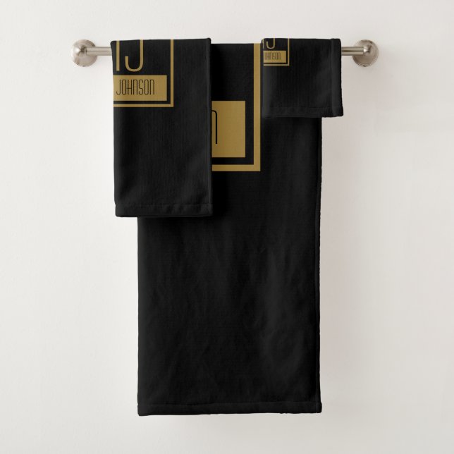 Modernes Schwarz-Gold-Anfangsmonogramm Badhandtuch Set (Insitu)
