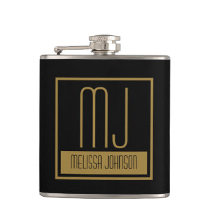 Modernes Schwarz-Gold-Anfangsmonogramm Flachmann