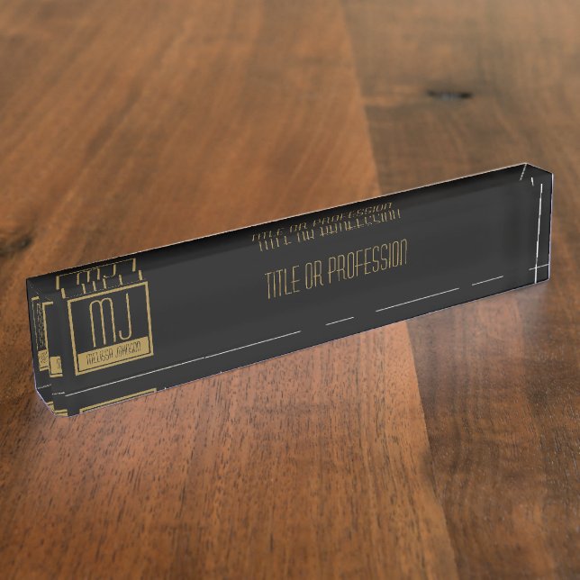 Modernes Schwarz-Gold-Anfangsmonogramm Namensplakette (Seite)