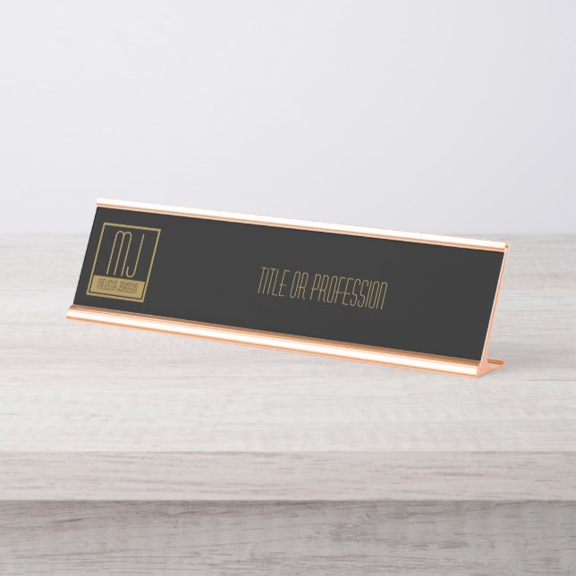 Modernes Schwarz-Gold-Anfangsmonogramm Schreibtischnamensplakette (Vorderseite )