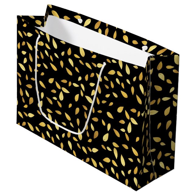 Modernes Schwarz-Gold-Blätter Illustriertes Muster Große Geschenktüte (Vorderseite Schrägansicht)