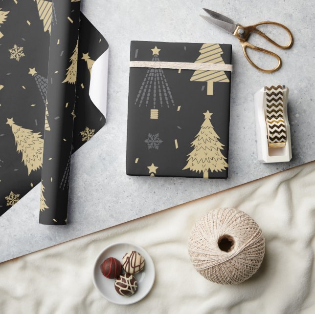 Modernes Schwarz & Gold Elegantes Weihnachtsbaummu Geschenkpapier (Kunsthandwerk)