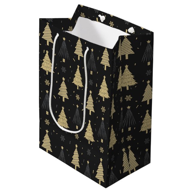 Modernes Schwarz & Gold Elegantes Weihnachtsbaummu Mittlere Geschenktüte (Vorderseite Schrägansicht)