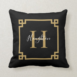 Modernes Schwarz-Gold-Klassikkerkissen für Monogr Kissen