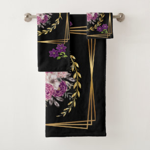 Modernes Schwarz Gold Lila floral Trendsetter Boho Badhandtuch Set