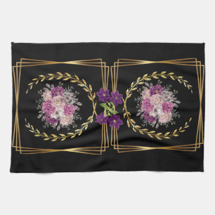 Modernes Schwarz Gold Lila floral Trendsetter Boho Geschirrtuch